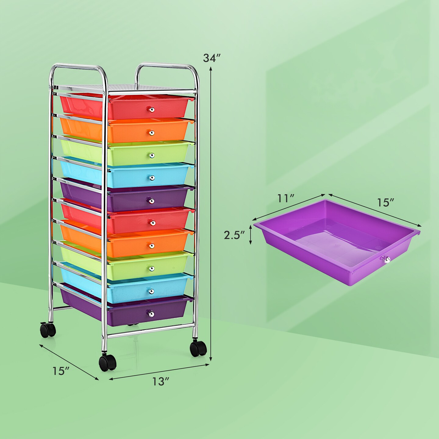 Costway Rolling Storage Cart with 10 Drawers Scrapbook Office School Organizer Multicolor