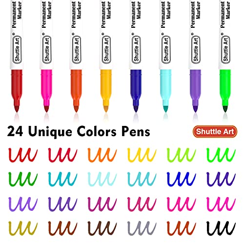 Shuttle Art Permanent Markers, 24 Colors Fine Point Assorted Colors  Permanent Marker Set, Works on Plastic,Wood,Stone,Metal and Glass for  Doodling, Coloring, Marking