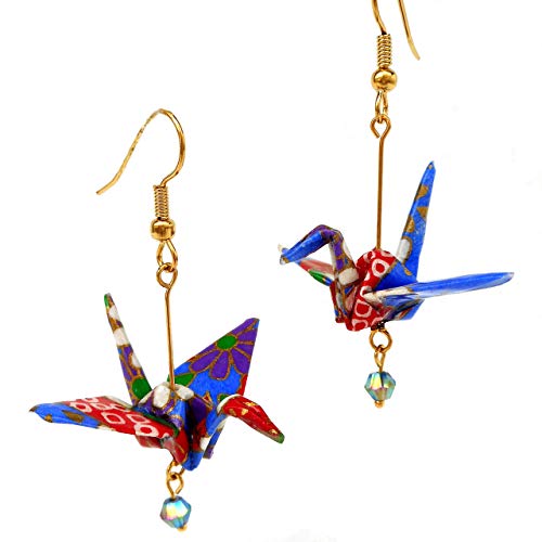 Royal Blue Red Purple Origami Good Luck Paper Crane Earrings with Iridescent Glass Bead, Birthday 1st Anniversary Gift