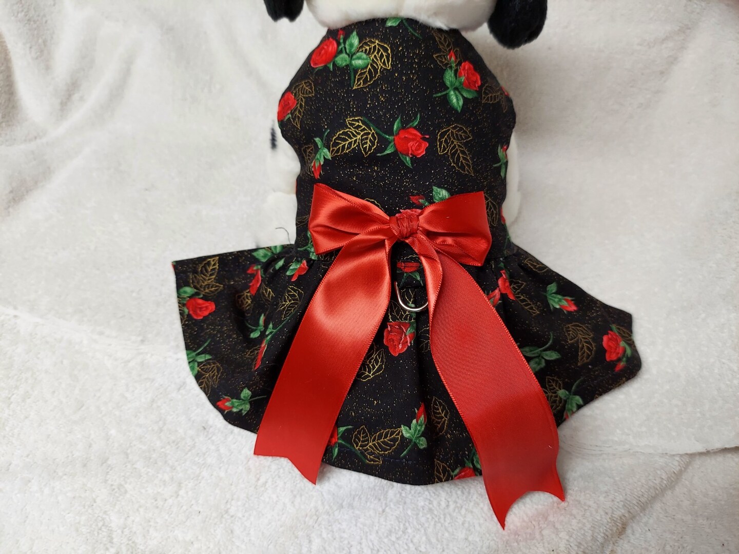 Dog Valentine Dress Puppy Harness Roses On Black Metallic Print