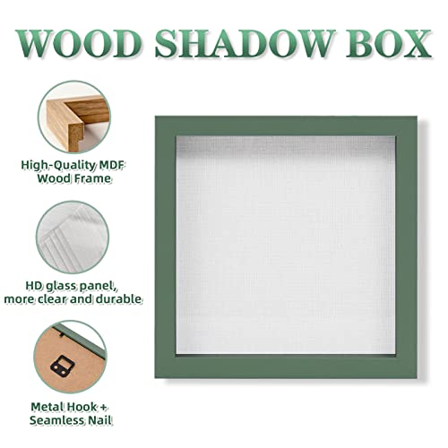 Muzilife 8x8 Shadow Box Picture Frame with Linen Board - Deep Wood &#x26; Glass Display Rustic Case Ready to Hang Memorabilia, Pins, Awards, Medals, Wedding, Tickets, and Photos, Green