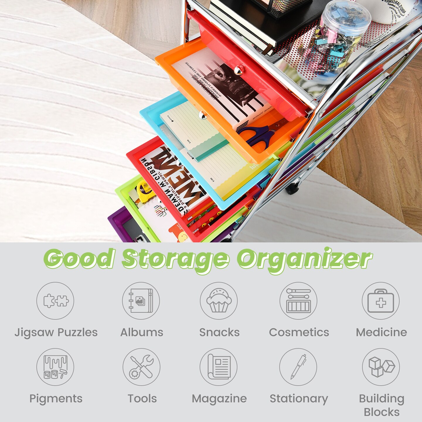 Costway 10 Drawer Rolling Storage Cart Scrapbook Office School Organizer Multicolor