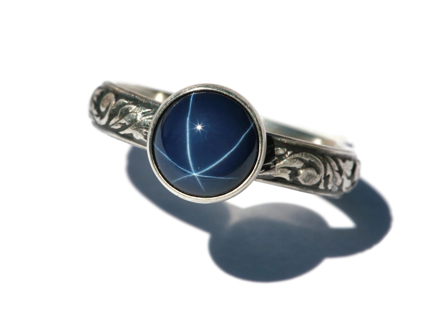 8Mm Lab Created Blue Star Sapphire 925 Antique Sterling Silver Vine Band Ring By Salish Sea Inspirations