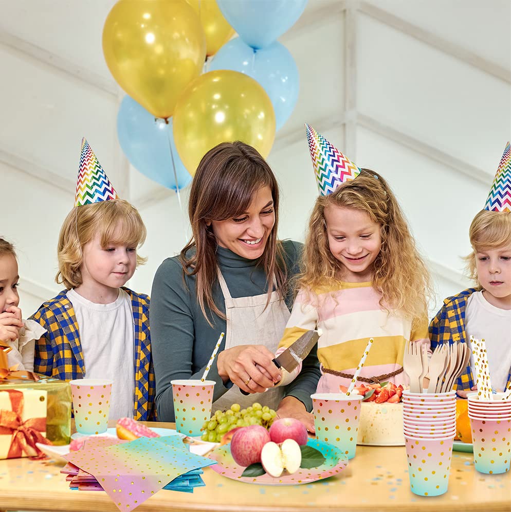 168PCS Pink and Gold-Pastel Party Supplies, Severs 24 Disposable Party Dinnerware Include Paper Party Plates, Cups, Napkins, Straw, Wooden Fork Spoon for Wedding, Rainbow Party, Birthday Baby Shower