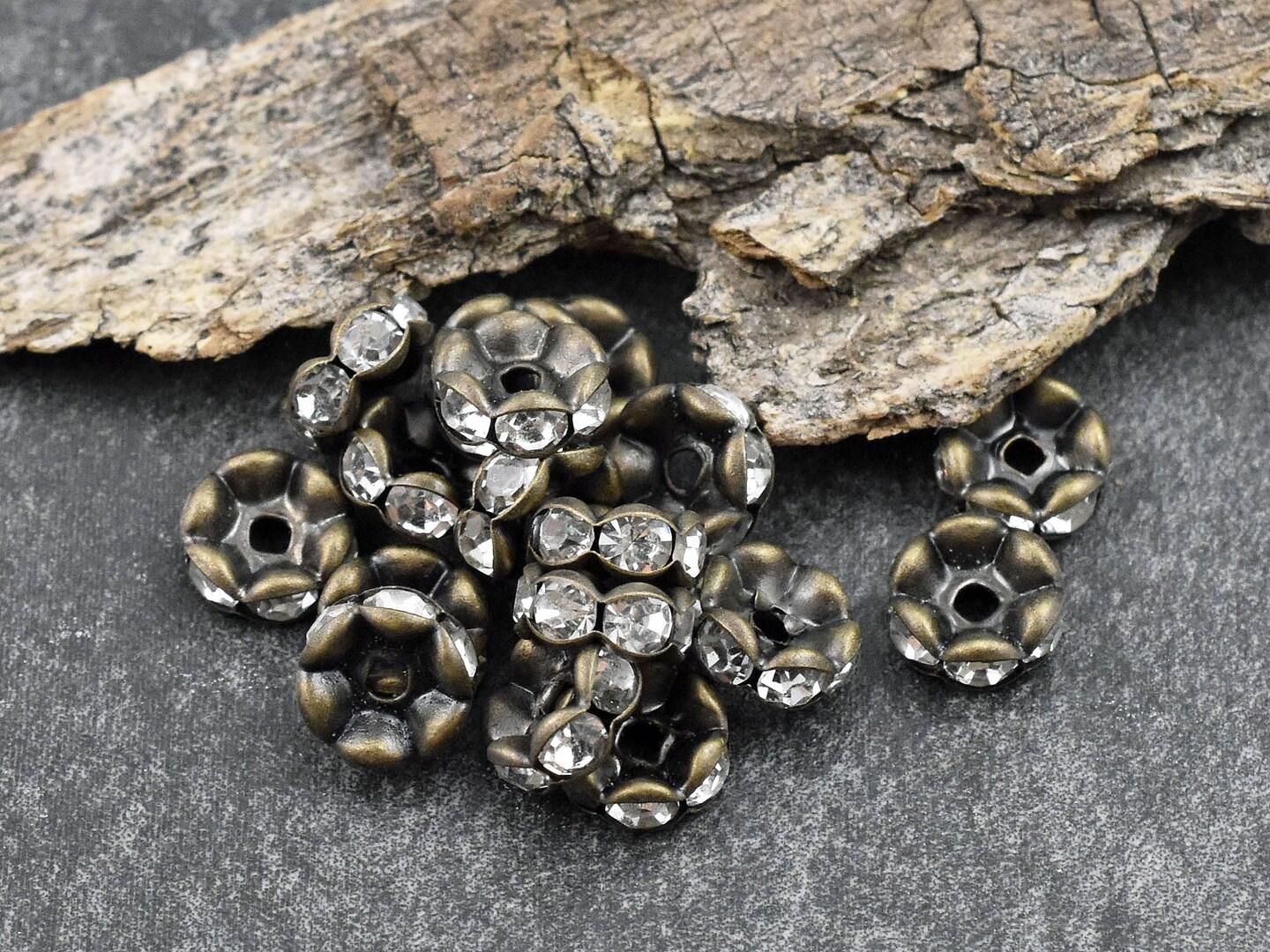 Antique Bronze w/ Crystal Rhinestone Wavy Edge Rondelle Spacer Beads