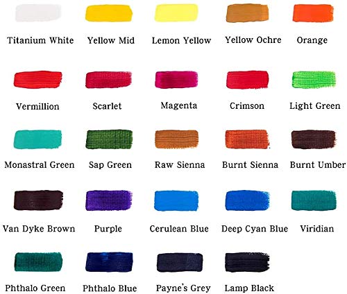 Acrylic Paint Set 24 Colors 36ml Ideal for Canvas, Wood, Fabric, Leather, Cardboard, Paper, MDF, and Crafts
