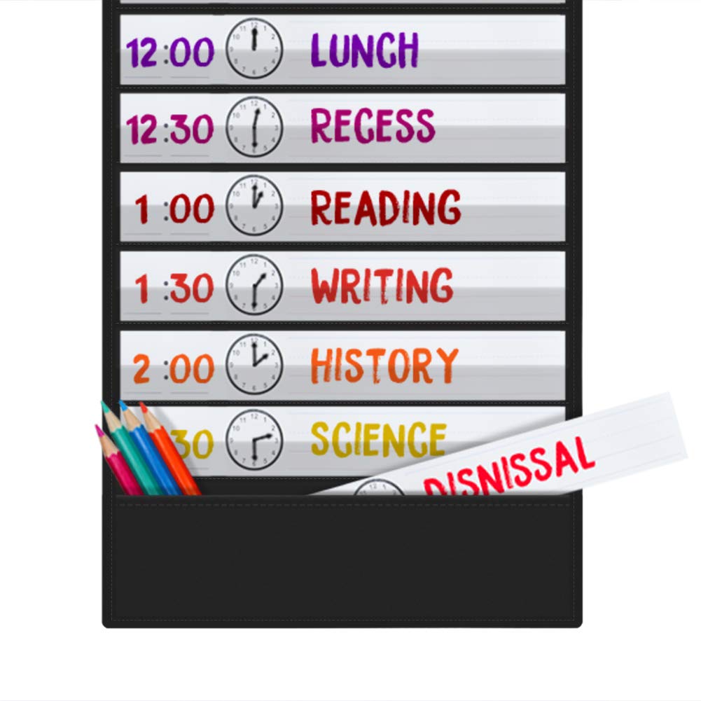 Daily Schedule Pocket Chart, 13+1 Pocket, Scheduling Pocket Chart, 18 Dry-Eraser Cards, Educational Charts for Classroom Office Home Preschool Activity (Black)