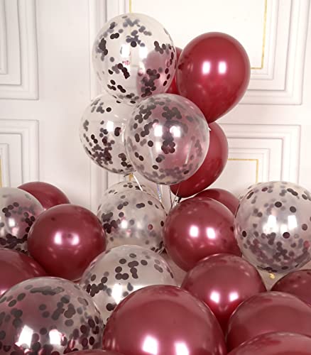 42 Pack Party Balloons - Metallic Burgundy and Confetti Latex Helium Balloons with 64ft Ribbons | 12 Inch Maroon Chrome Balloon Decoration Set
