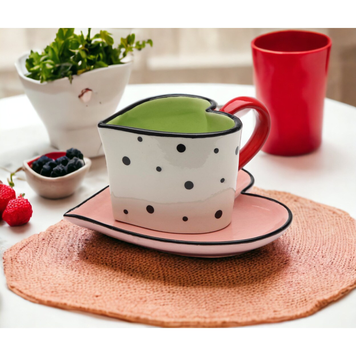 Ceramic Dotted Heart Shaped Cup and Saucer, Tea Coffee Teacup Mug Saucer Cup