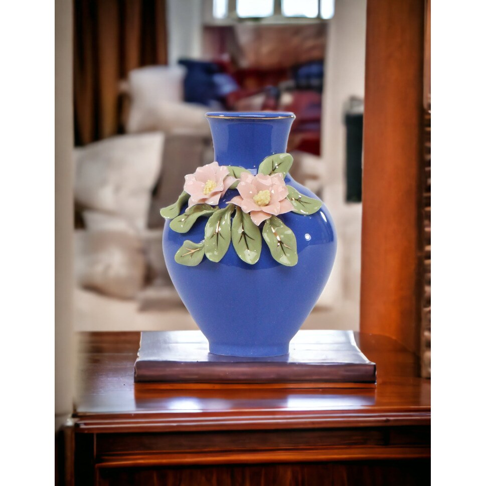 Mini Size Ceramic Columbine Flowers on Blue Vase, Home Decor Decoration Room