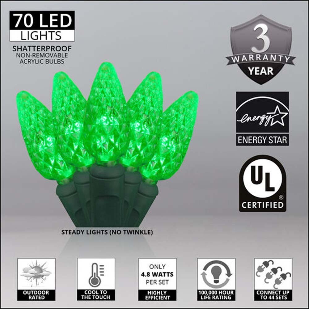 70 Green C6 LED Christmas Lights, Green Wire, 4&#x22; Spacing