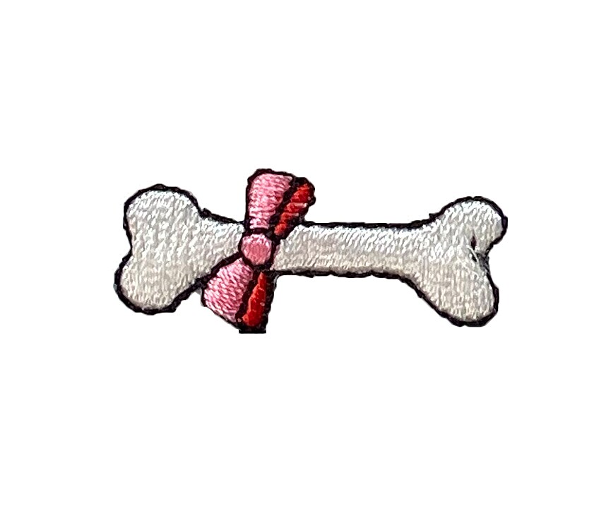 White Bone with Pink Bow, Pet Food, Dog Bones, Embroidered, Iron on Patch
