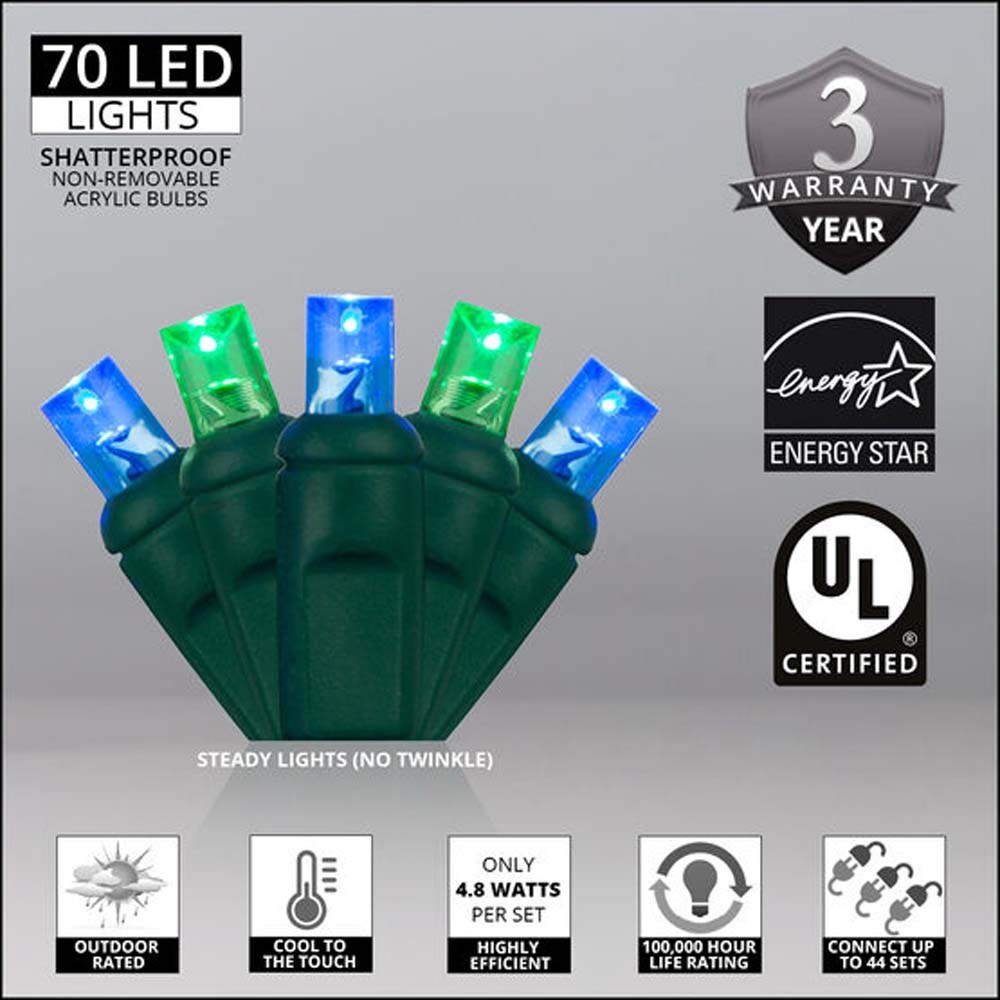 Wintergreen 70 5mm Blue Green LED Christmas Lights 4-in Spacing 120v
