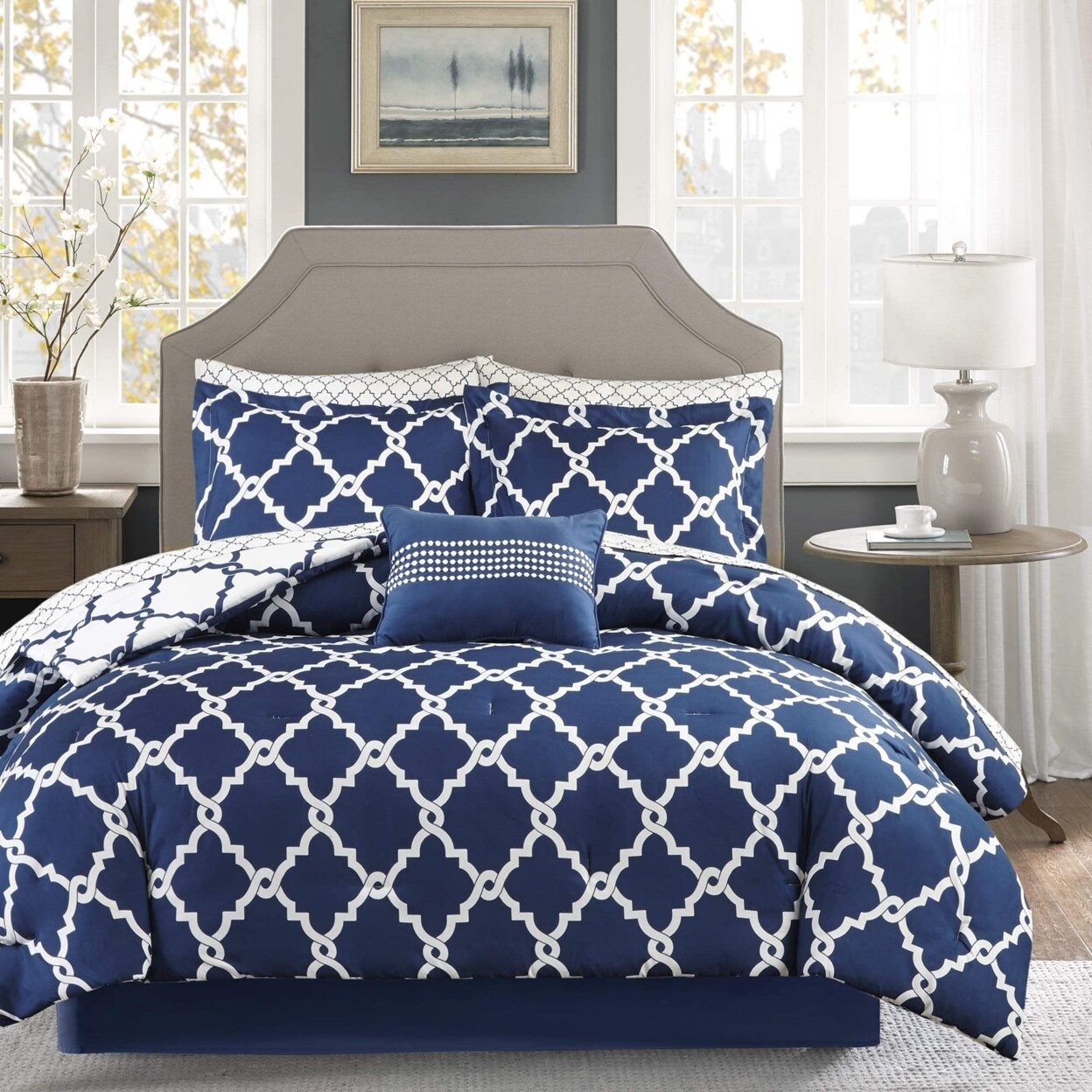 Madison Park Merritt Reversible Complete Comforter and Cotton Sheet Set Navy Twin XL