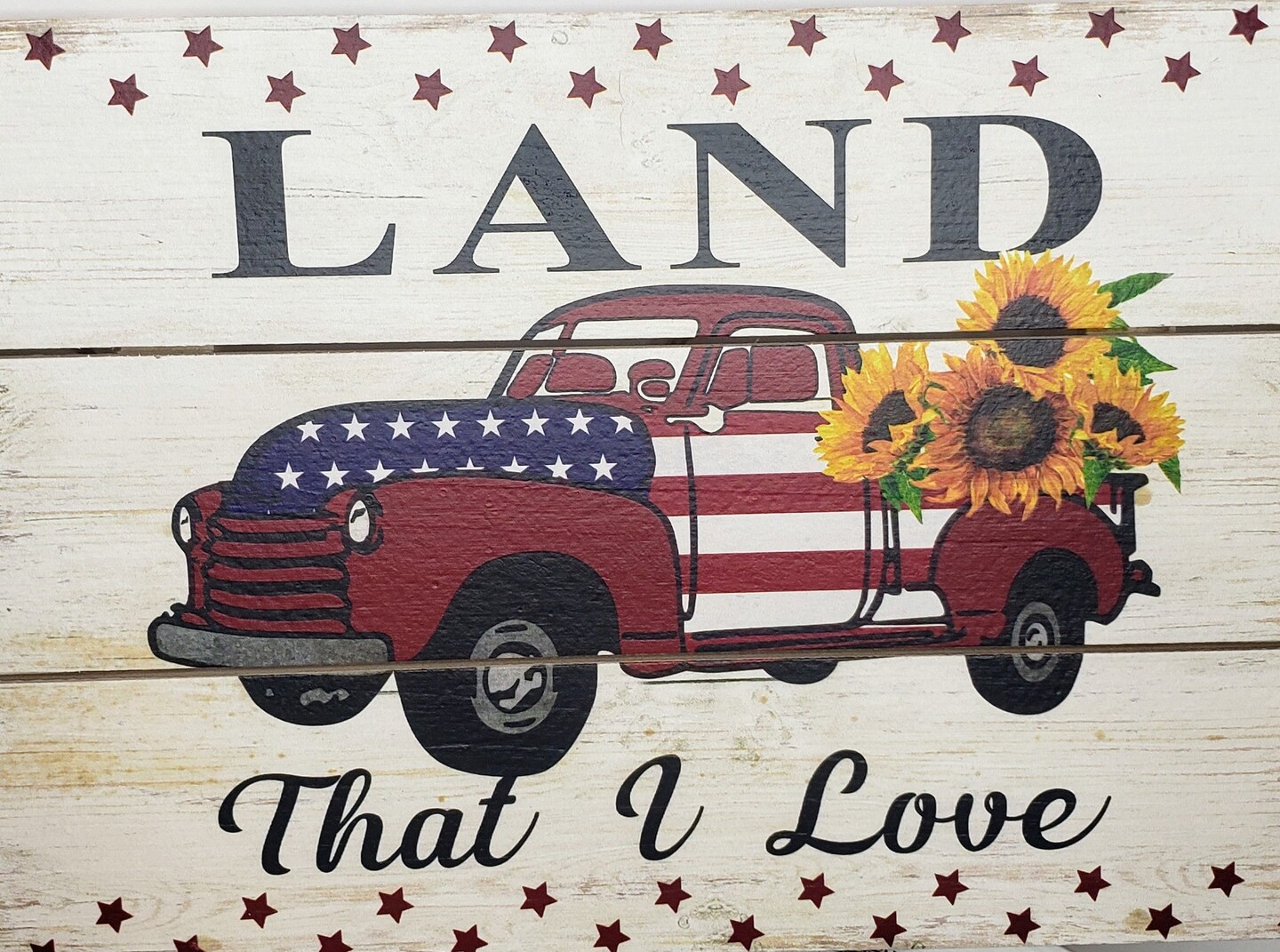 Rustic Americana: 12&#x22;x8&#x22; Wooden Sign with Rope - Land That I Love Truck with Sunflowers-CM2133