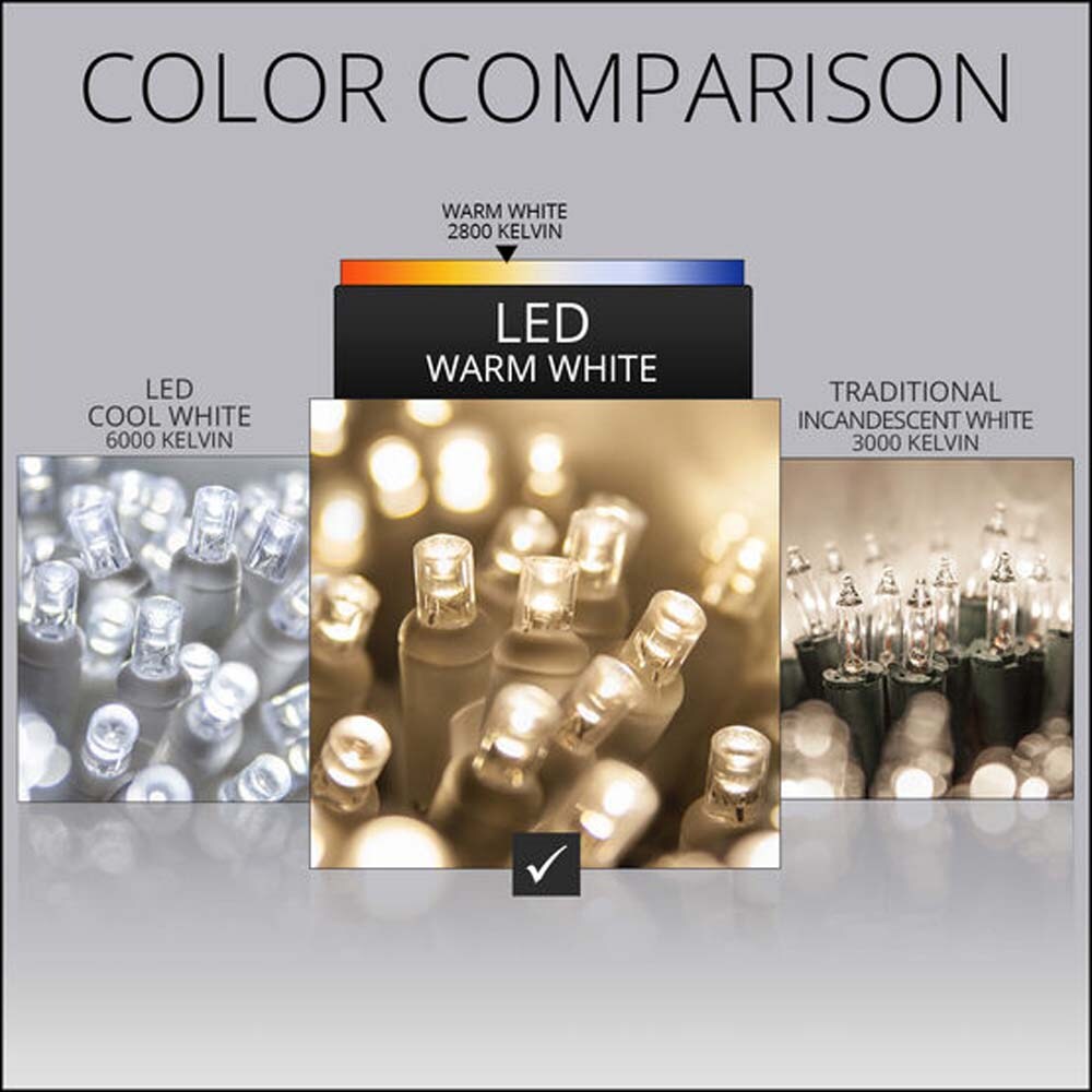 15 Warm White 5mm LED Christmas Lights, White Wire, 4" Spacing