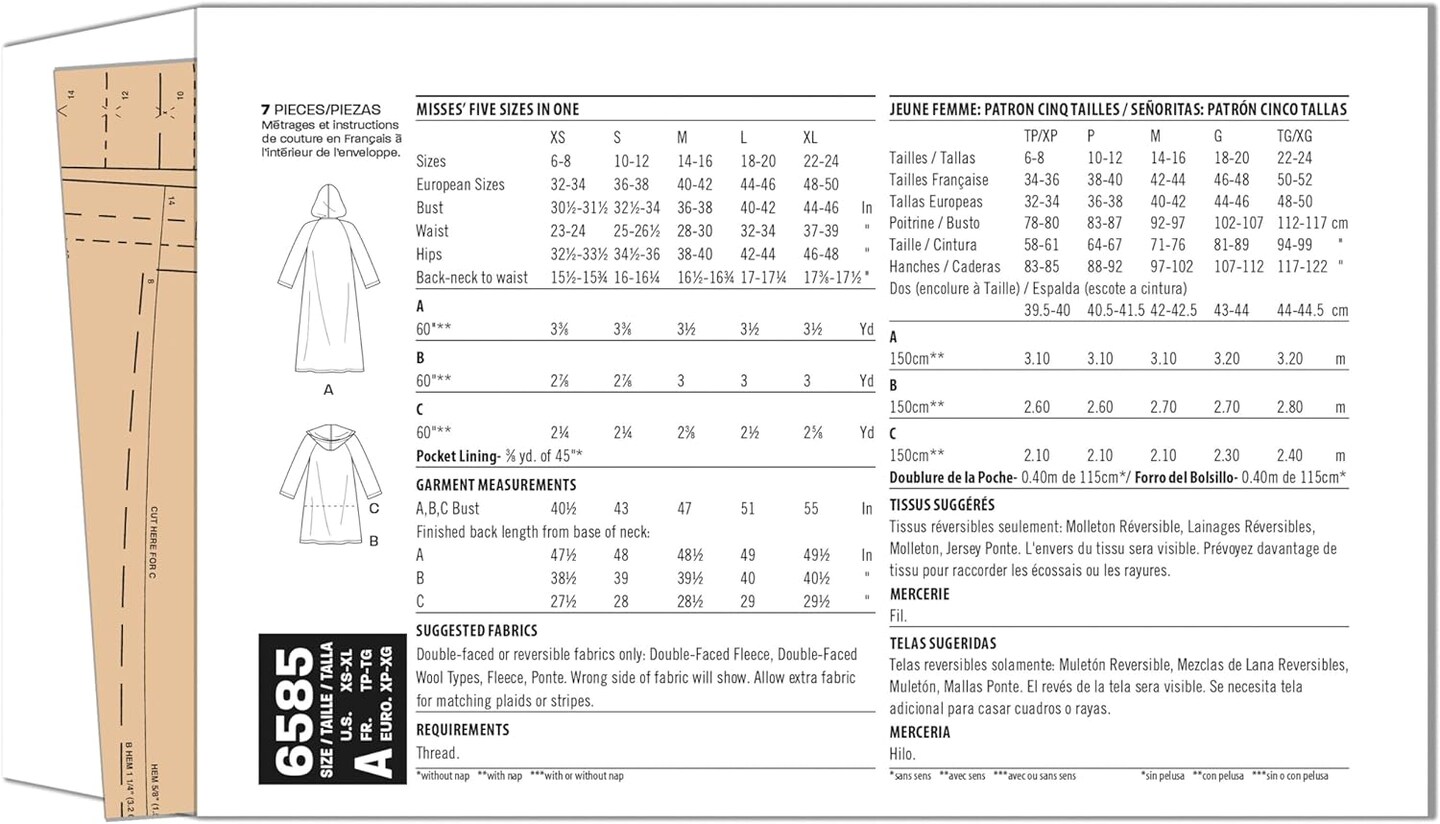 Misses&#x27; Coat with Hood Sewing Pattern Packet, Design Code S9129, Sizes XS-S-M-L-XL, Multicolor