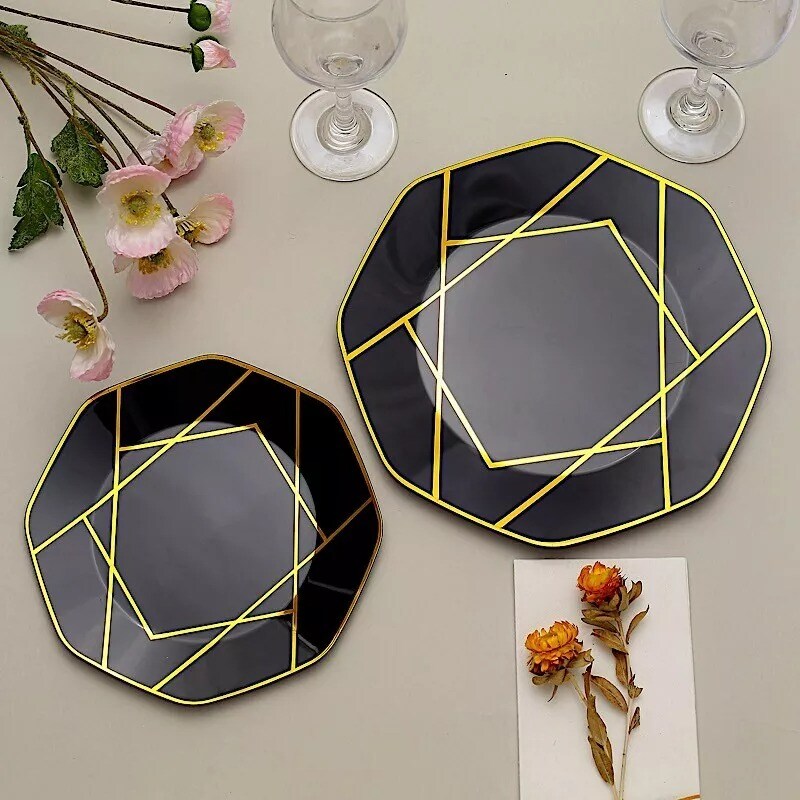 10 BLACK GOLD 8&#x22; Octagon DISPOSABLE SALAD PLATES Geometric