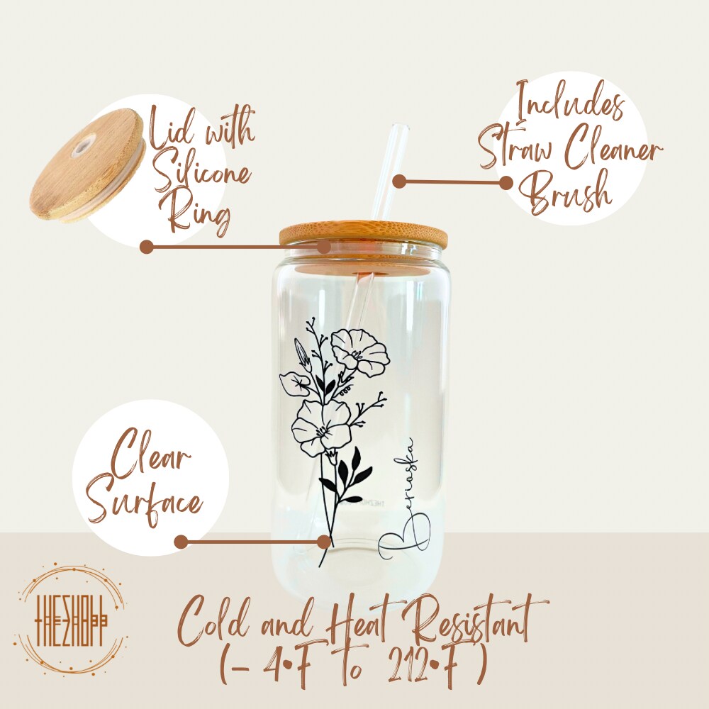 Personalized Glass with Bamboo Lid and Straw | Coffee Glass Cup | Glass  Coffee Tumbler Can Glass Custom Name Gift Women, Birth Flower Month |  MakerPlace by Michaels