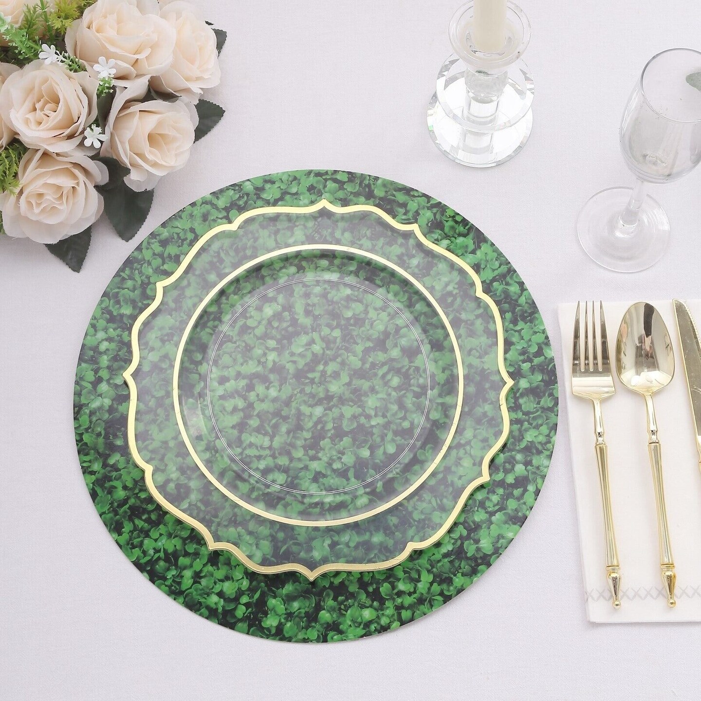 GREEN 6 Round 13&#x22; Boxwood Leaf Print Cardstock Paper PLACEMATS