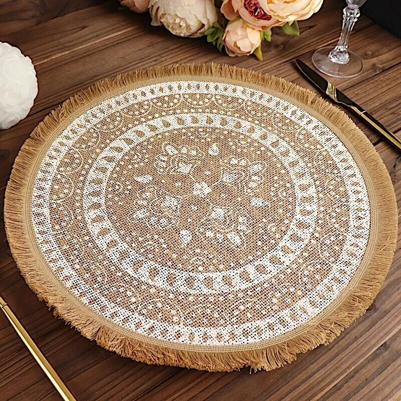 NATURAL WHITE 4 Round 15&#x22; Woven Burlap PLACEMATS Print Fringe Rim