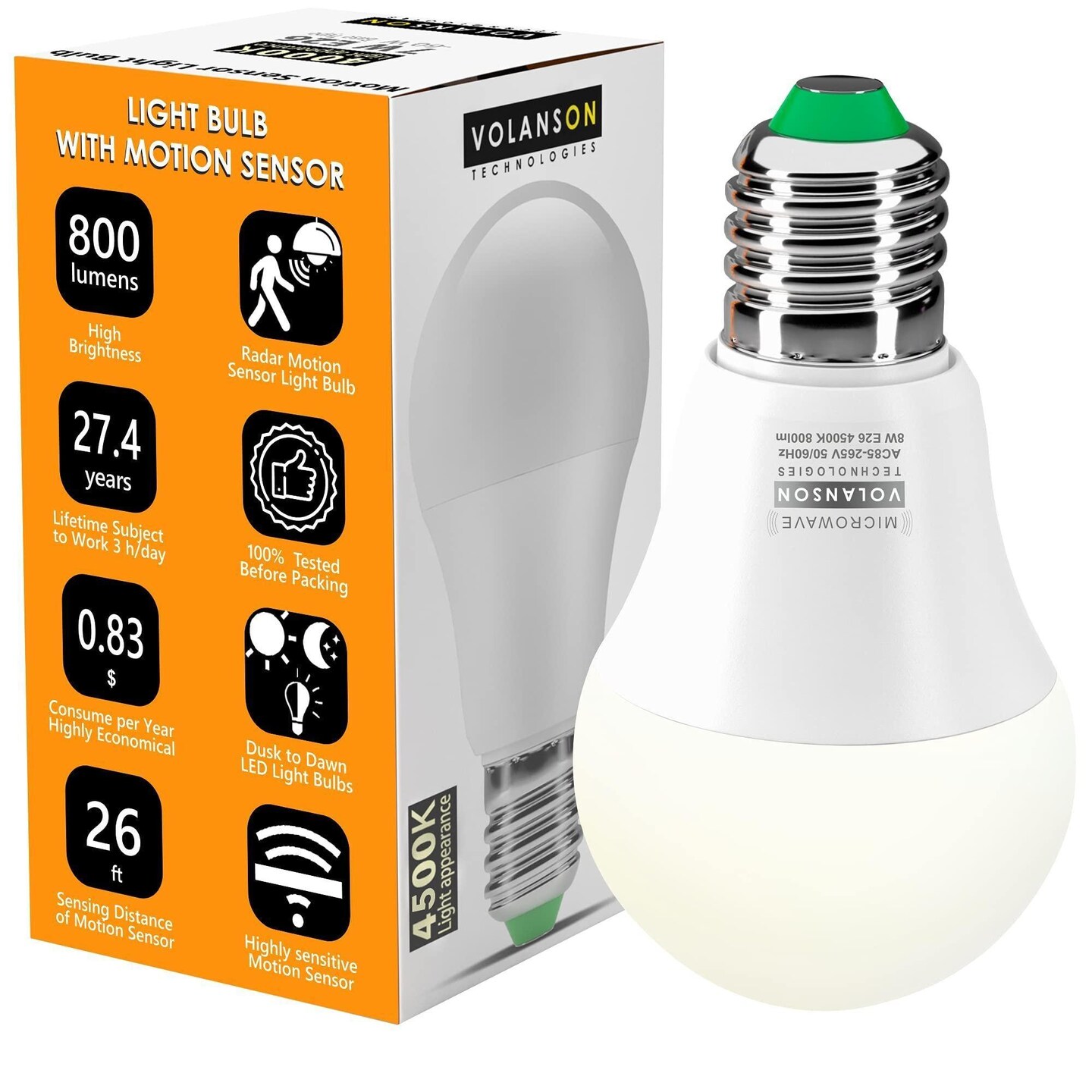 Motion Sensor Light Bulb Radar 800lm Daylight Outdoor Indoor Dusk to Dawn Motion Activated LED Bulbs for Porch Garage Basement Stairwell E26 A19 4500K Security