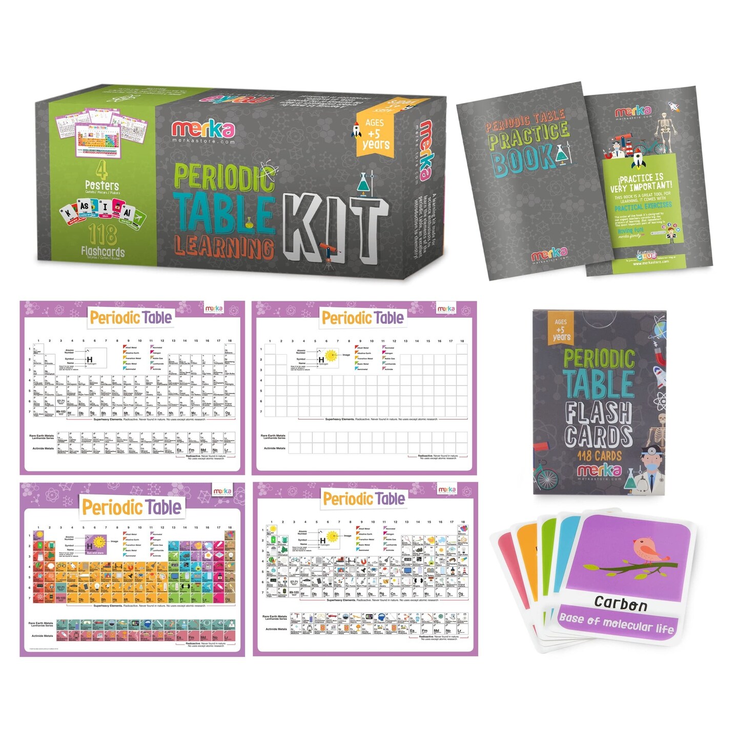 merka Periodic Table For Kids Table Periodic Table Gifts Learning and Educational Toys Chemistry And Science Education Set With 4 Posters 118 Flashcards And Practice Book with Exercises And Puzzles
