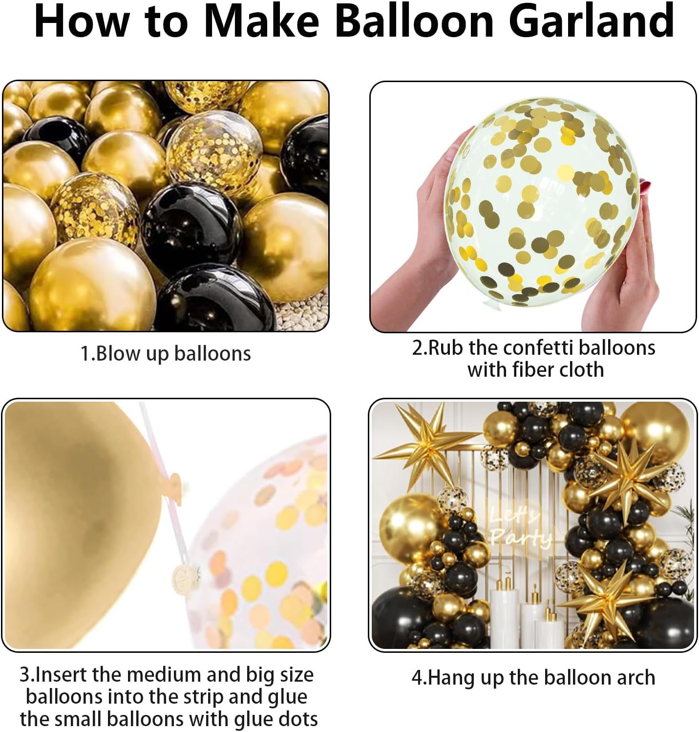 Black and Gold Balloons Garland Arch Kit, Black Gold Confetti Balloons with Starburst Balloons for 2024 Graduation Class Wedding Retirement Anniversary Birthday Party Decorations