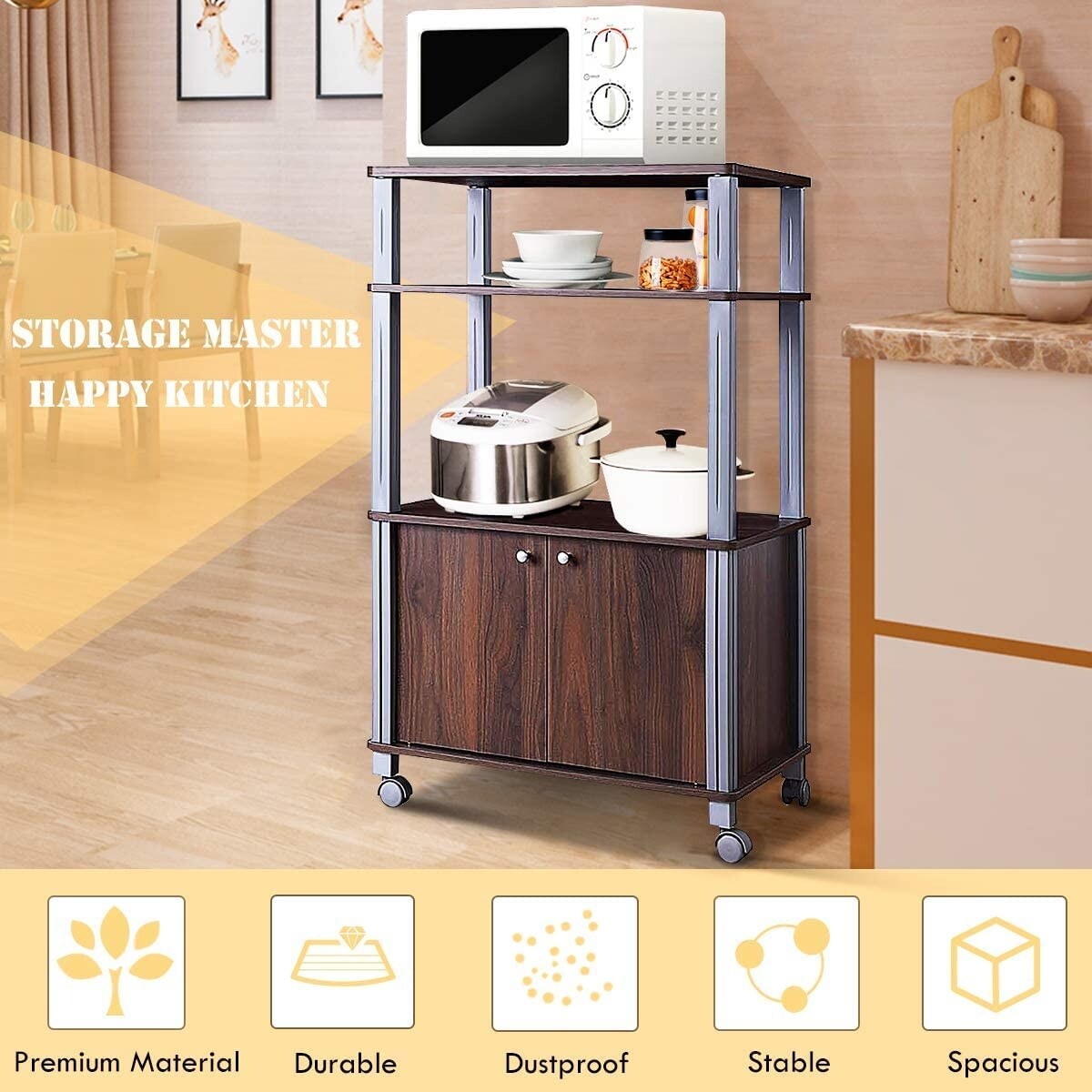 Multi-functional Kitchen Storage Cart with Lockable Wheels and 3 Shelves and Cabinet for Microwave and Dishes