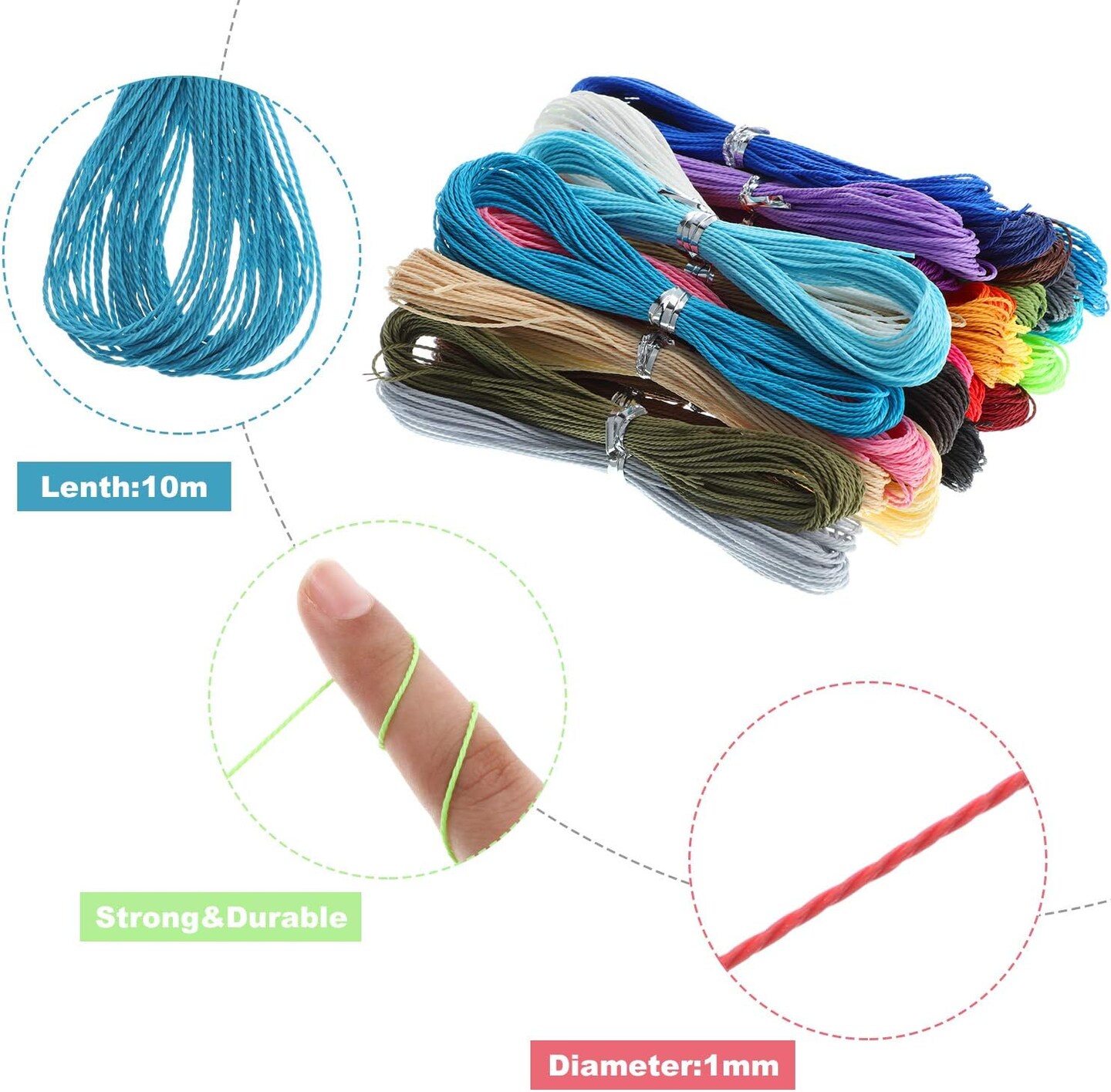 30 Colors 1mm Waxed Cord Beading Thread for DIY Macrame Necklace Bracelet Jewelry Making String, 10m Each Color