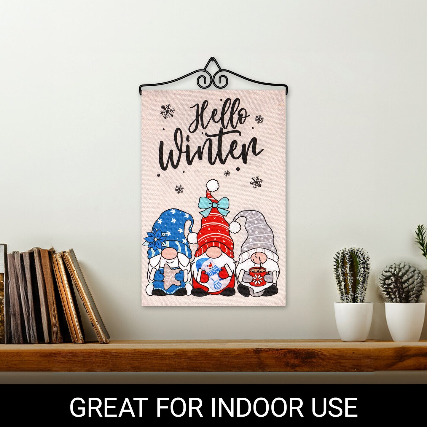 G128 Combo Pack Garden Flag Hanger 14IN &#x26; Garden Flag Hello Winter 3 Cozy Gnomes with Hot Chocolate 12x18IN Printed Double Sided Burlap Fabric