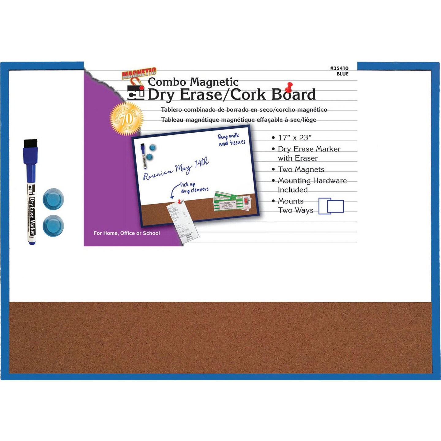 Magnetic Dry Erase Board with Cork Board, 17&#x22; x 23&#x22;, w/Eraser/Marker and 2 Magnets, Blue Frame, 1 Each