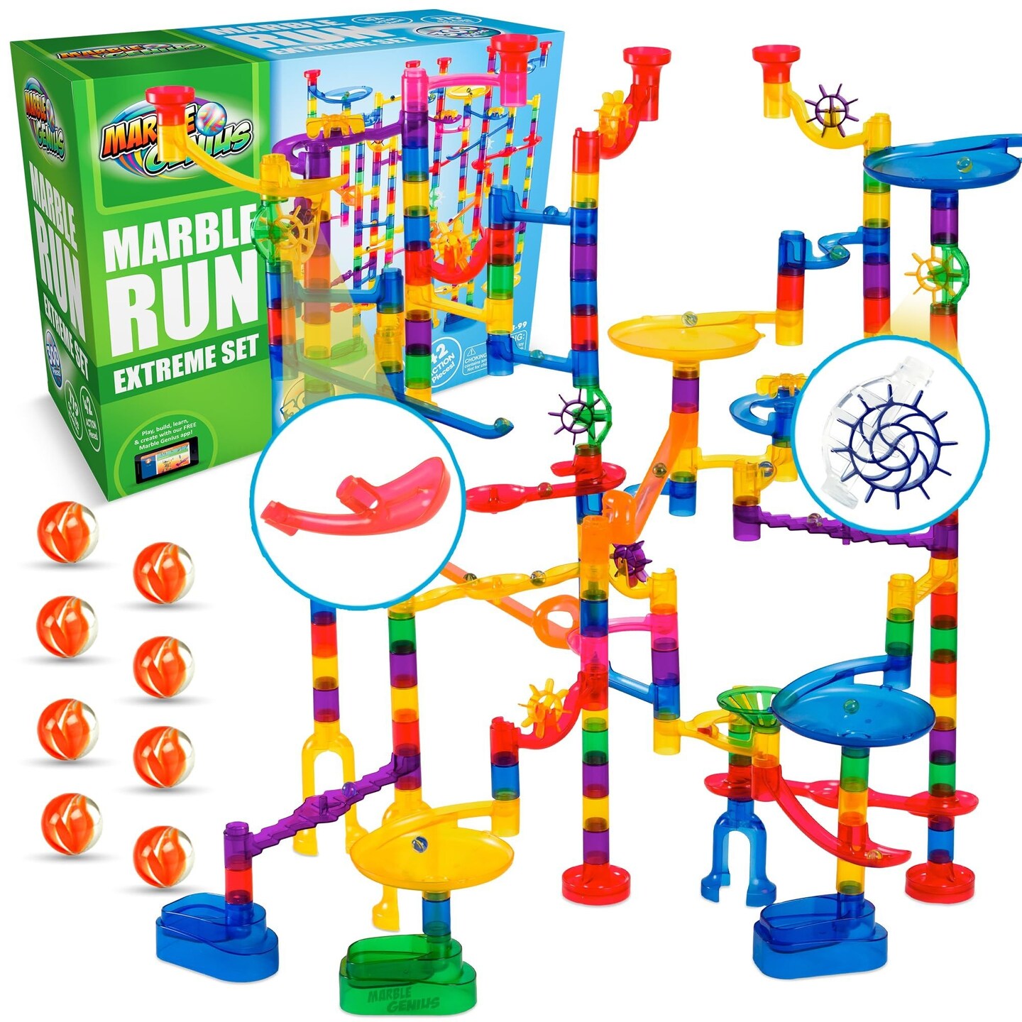 Marble Genius Marble Run - Maze Track Toys for Adults, Teens, Toddlers, or Kids Aged 4-8 Years Old, 300 Complete Pieces (181 Translucent Marbulous Pieces + 119 Glass-Marble Set), Extreme Set