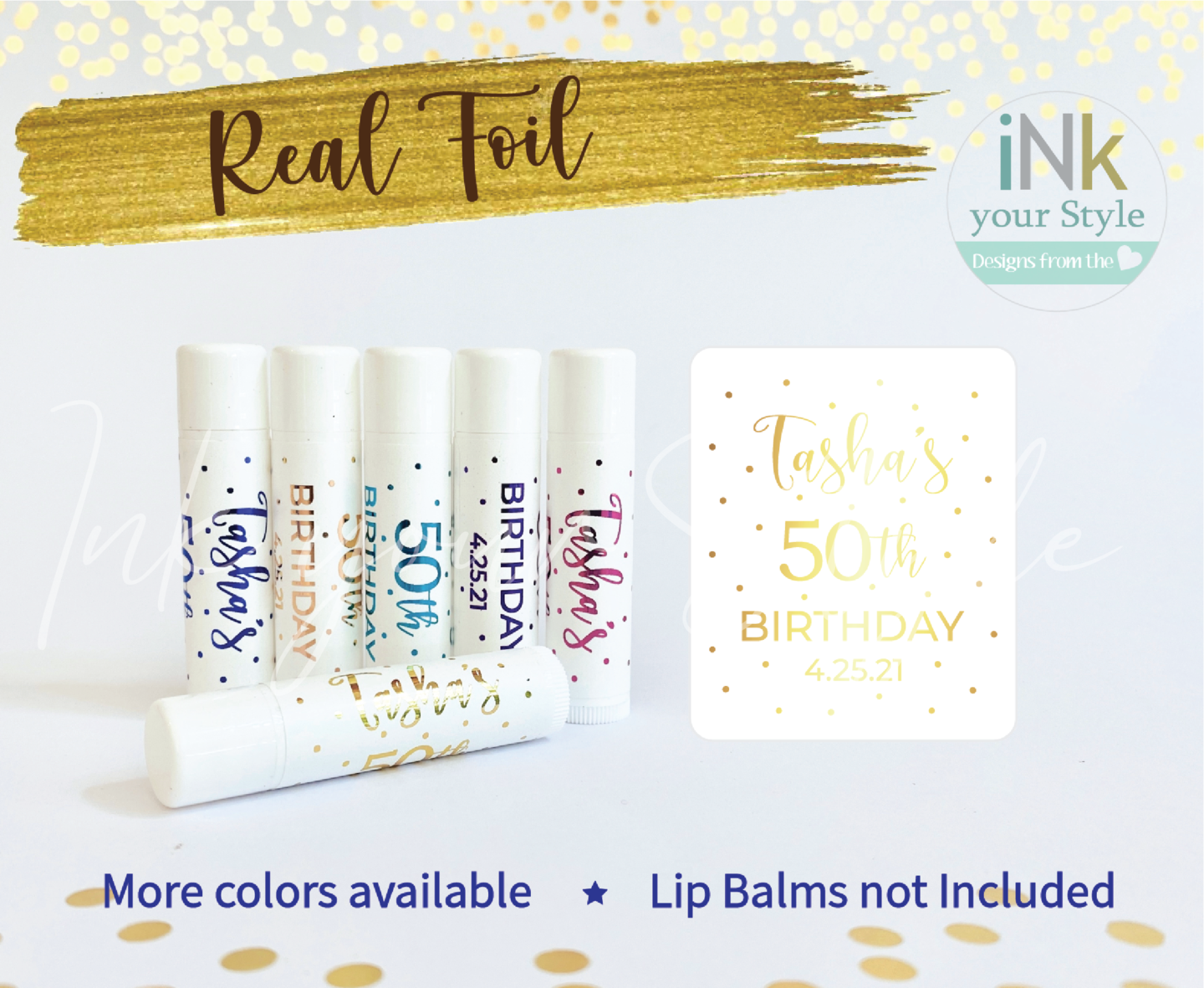 12 Personalized real foil Birthday Lip Balm Labels, party favor labels ...