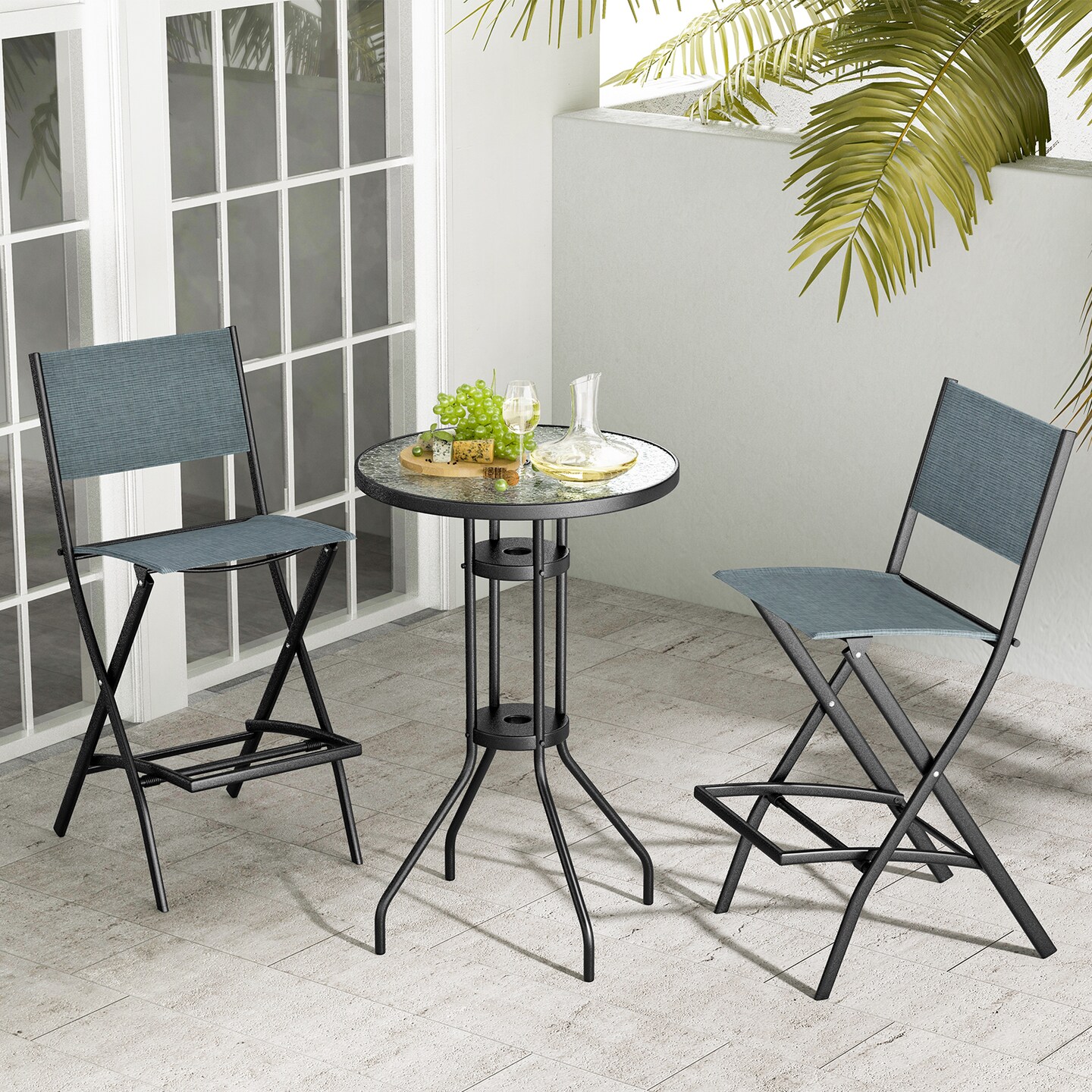 Outdoor Folding Bar Height Stool Set Of 4 With Metal Frame And Footrest