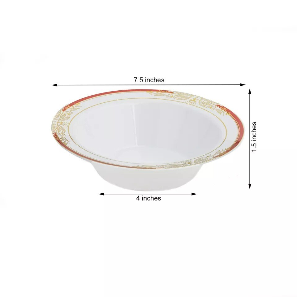 10 pcs White Plastic 12 oz Bowls Gold Red Trim