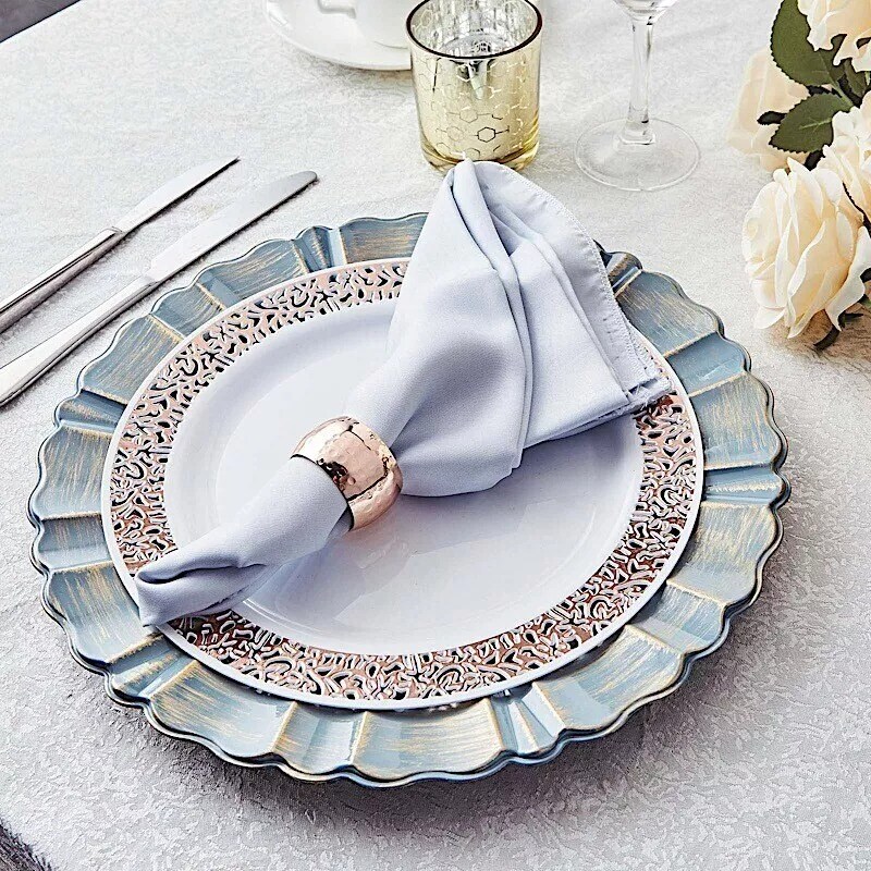 6 DUSTY BLUE GOLD 13&#x22; Round Scalloped Trim Charger Plates