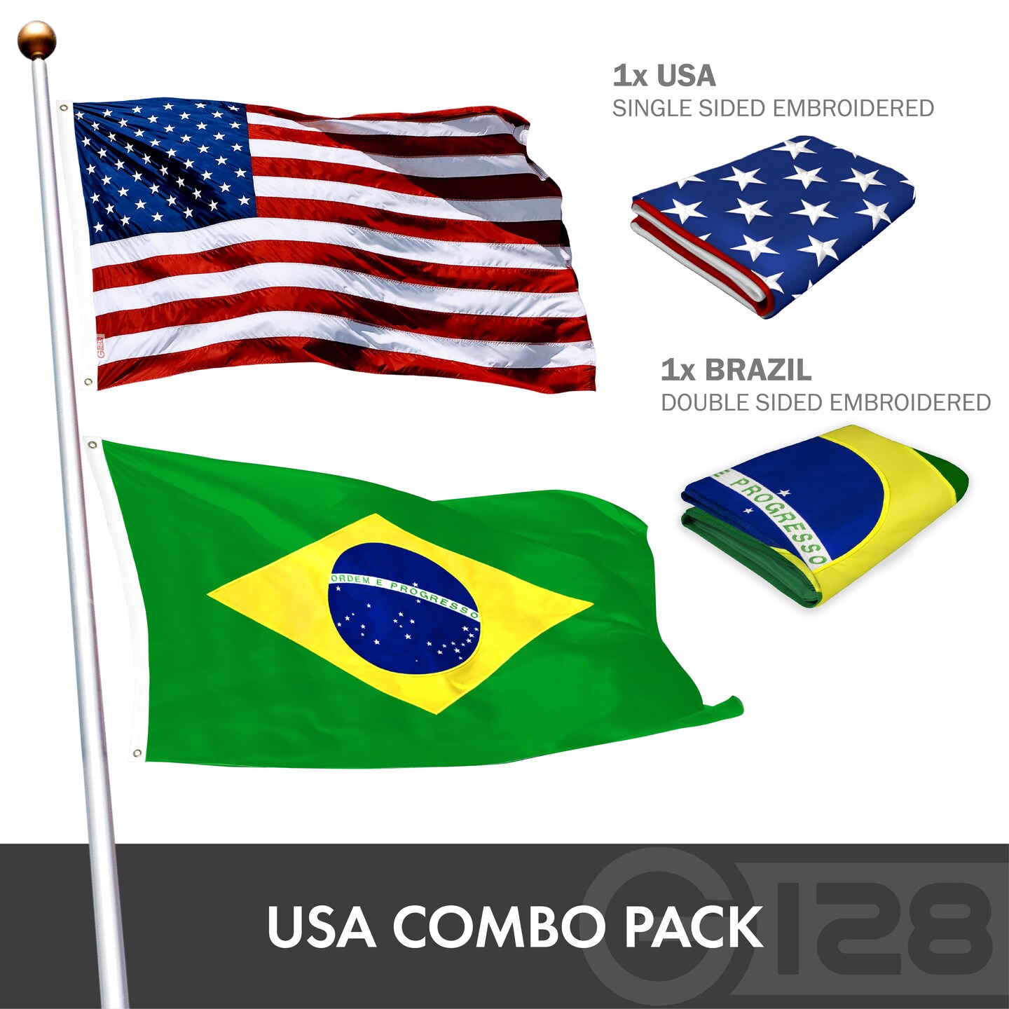 G128 Combo Pack: USA American Flag 3x5 Ft Embroidered Stars &#x26; Brazil (Brazilian) Flag 3x5 Ft Double-sided Embroidered 210D