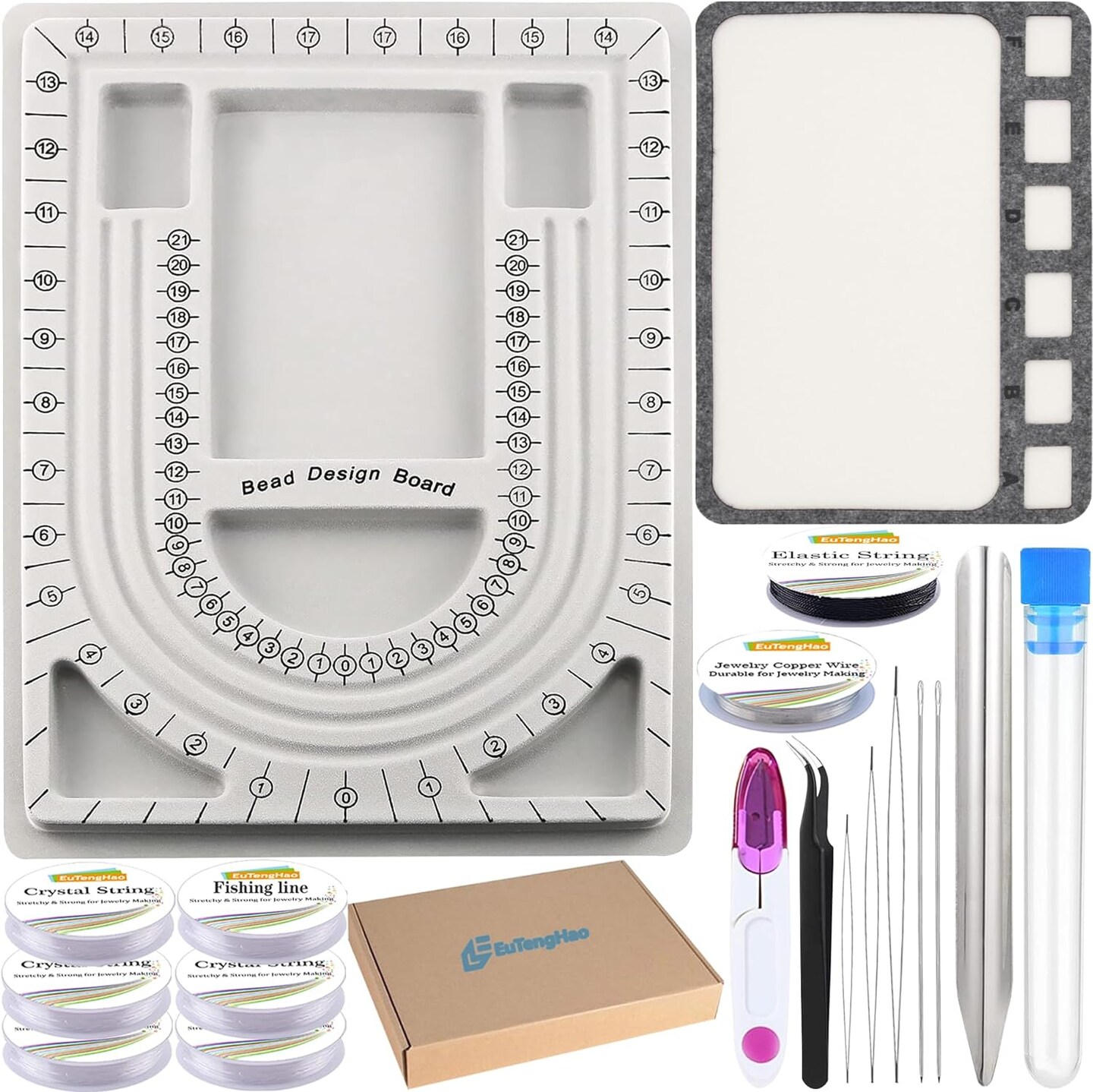 Bead Design Board with Beading Mat Kit, Grey Flocked, All-in-One Jewelry String Beading Needles Jewelry Organizer Tray for Creating Bracelets, Necklaces and Other Jewelry Making Craft