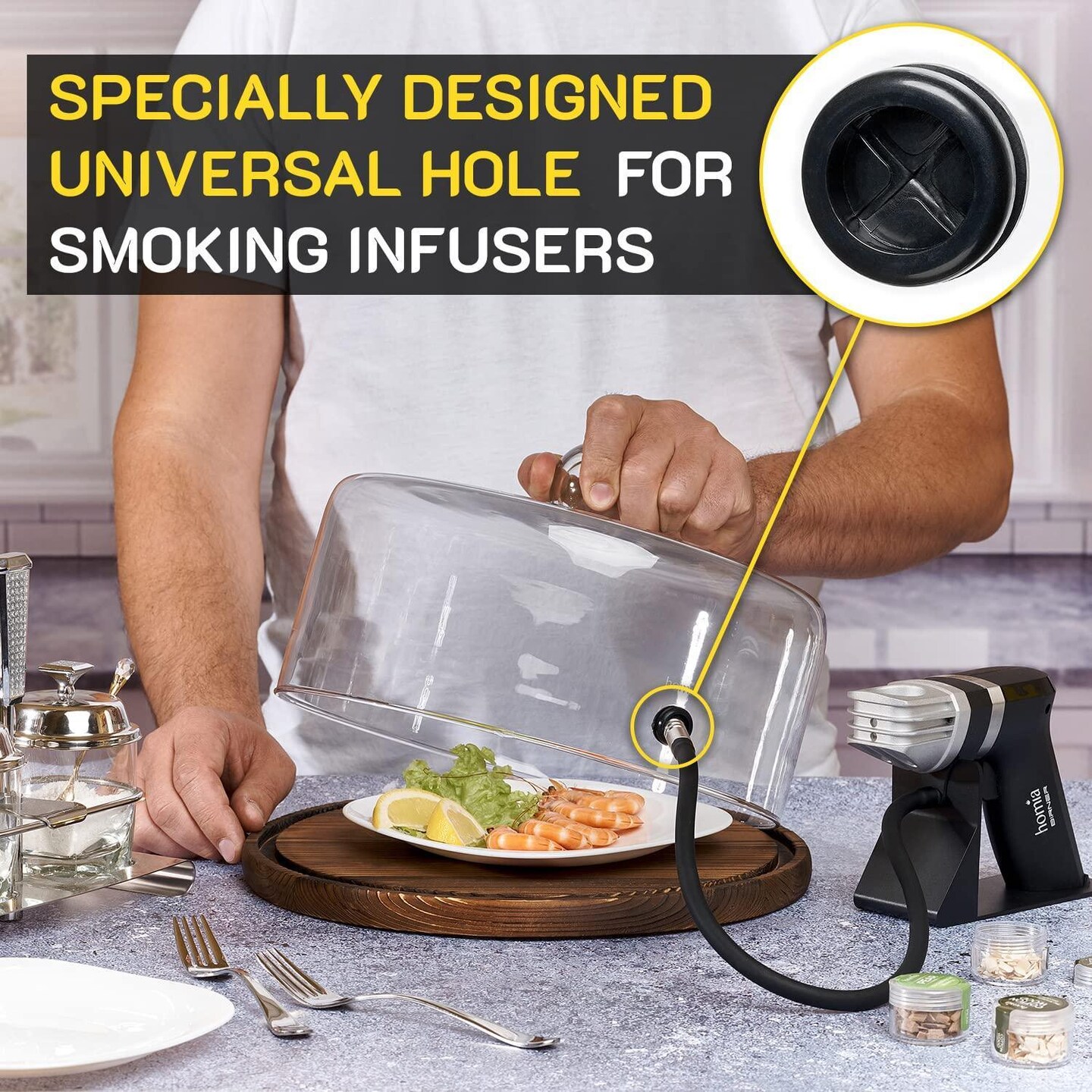 Smoking Gun Accessory Cloche with Wooden Base 11.8  x 6.7    Glass Smoke infuser Cover Lid for Cocktail Smoker   Dome for Cold Smoke Smoking Cloche for Drinks