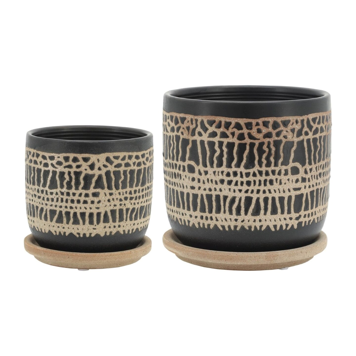 Kingston Living Ceramic Glazed Planter with Saucer - 6&#x22; - Black and Brown - Set of 2