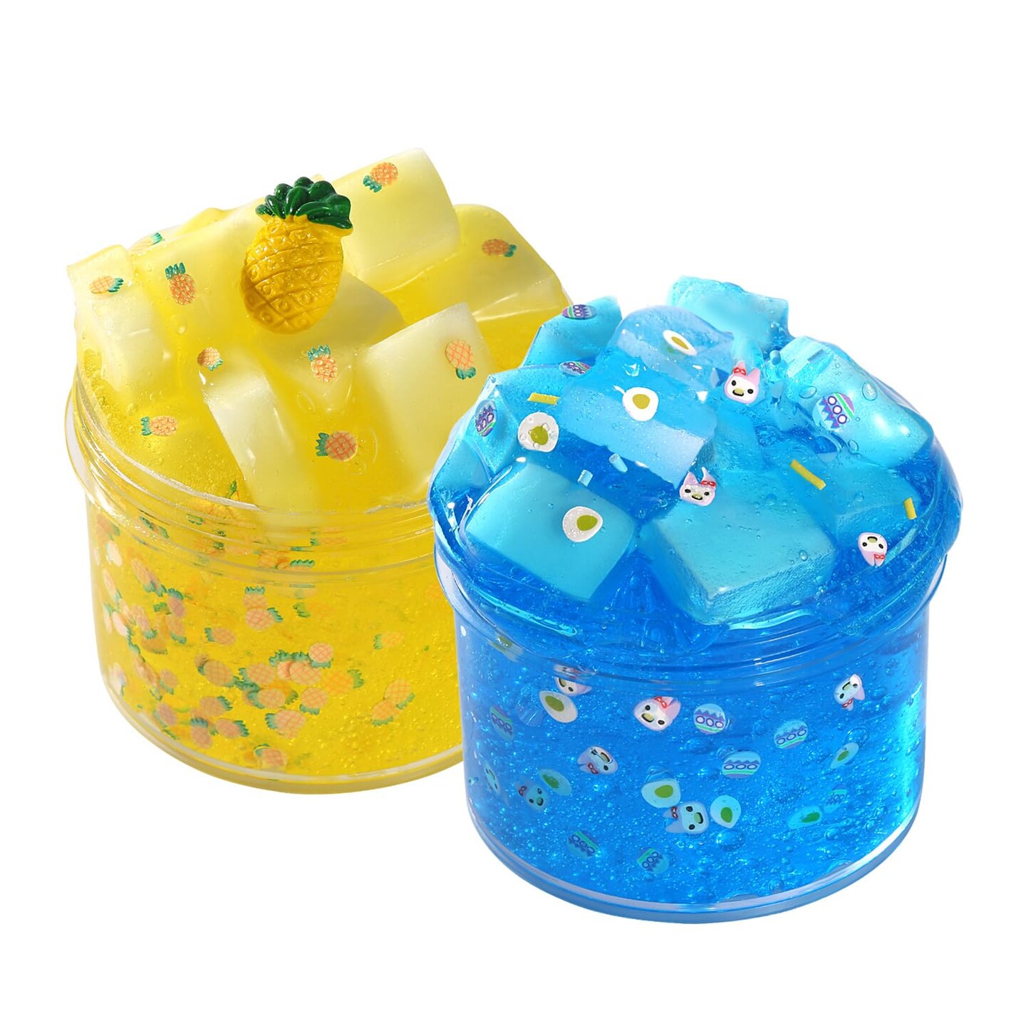 2 Packs Jelly Cube Crunchy Slime Kit,Non Sticky,Super Soft Sludge Toy,Birthday Gifts for Kids,DIY Crystal Glue Boba Slime Party Favor for Girls &#x26; Boys(Blue,Yellow)