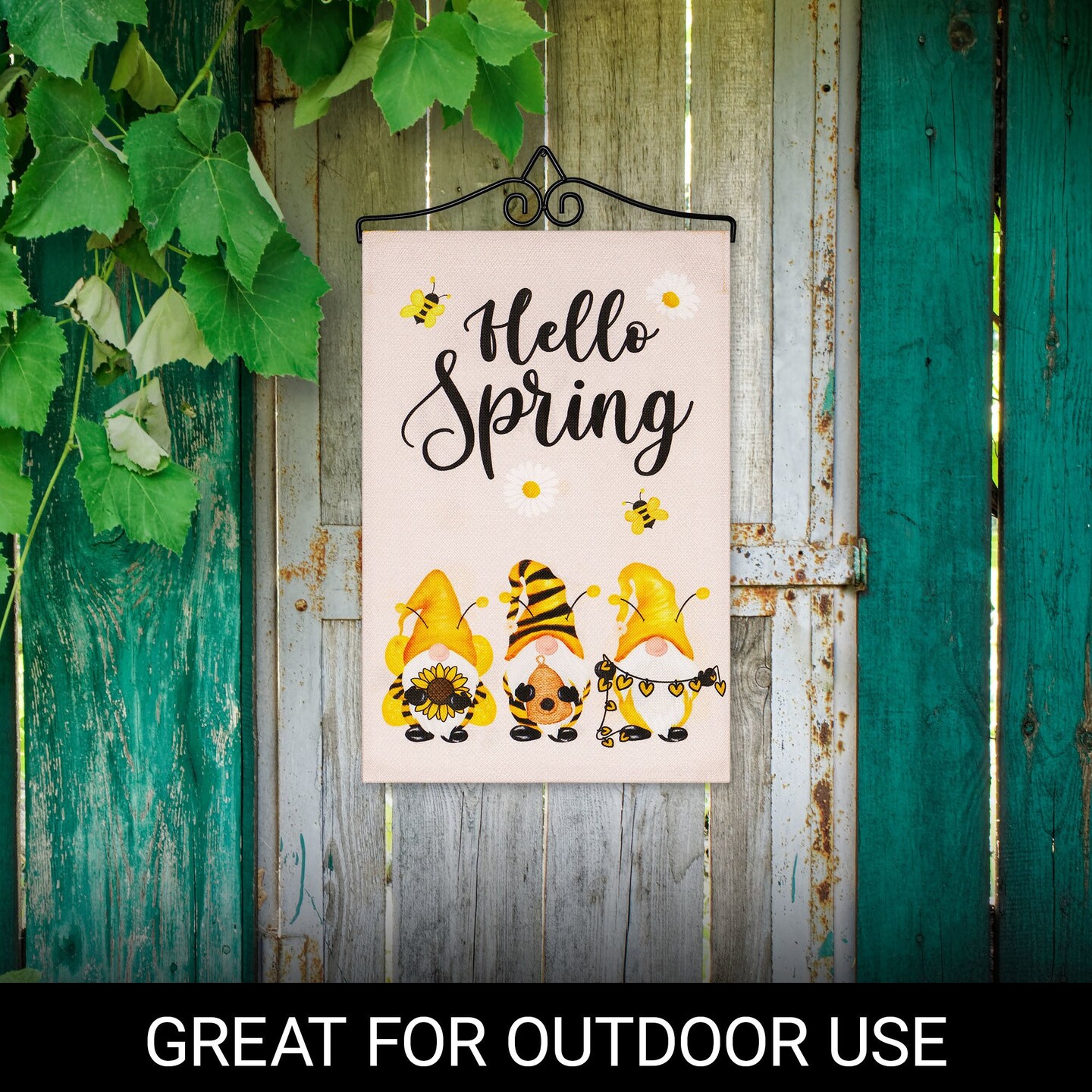 G128 Combo Pack Garden Flag Hanger 14IN & Garden Flag Hello Spring 3 Bee Gnomes 12x18IN Printed Double Sided Burlap Fabric