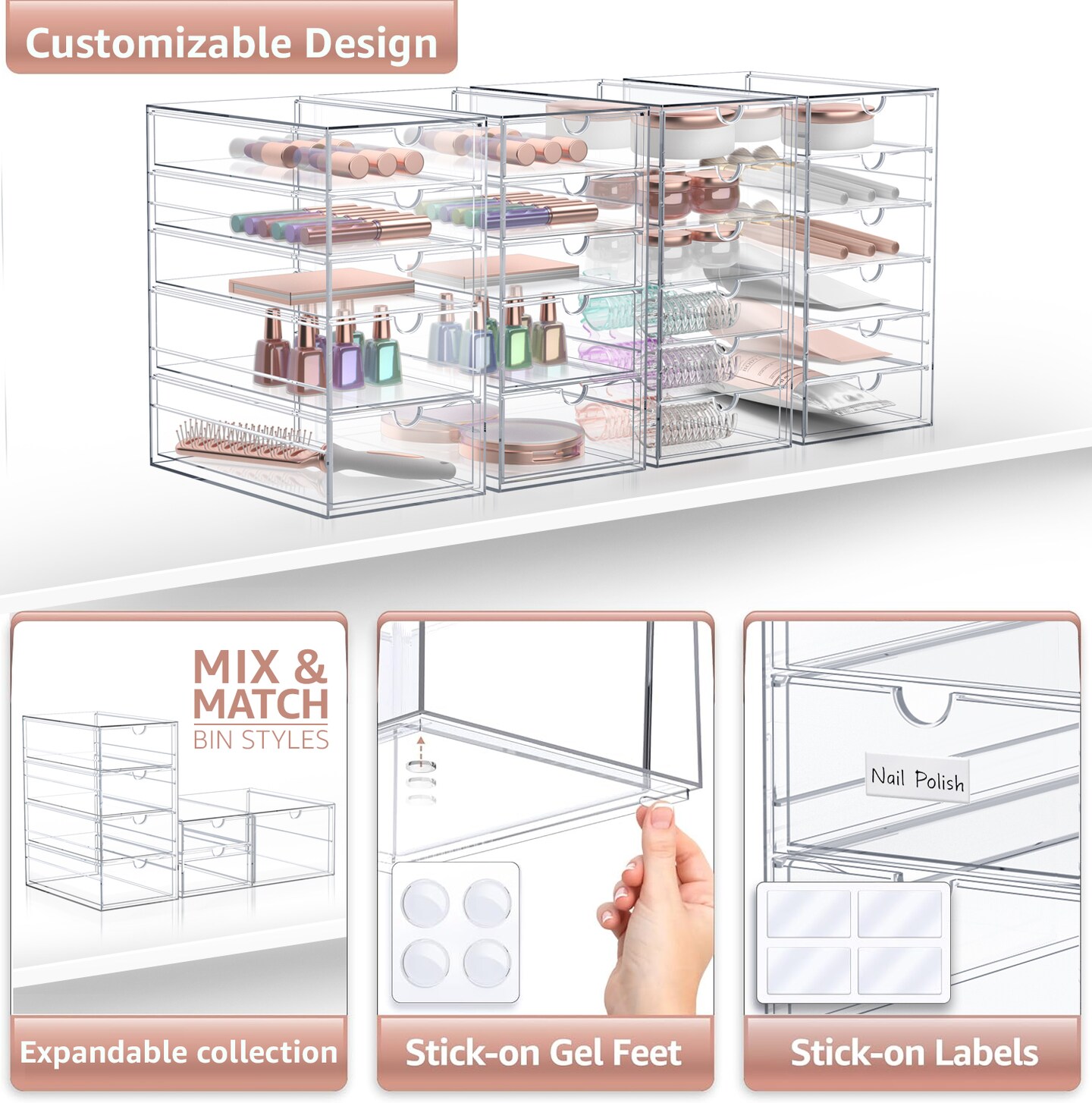 Sorbus 22 Drawers Acrylic Organizer for Makeup, Organization and Storage, Art Supplies, Jewelry, Stationary - 4 Pcs Clear Stackable Storage Drawers