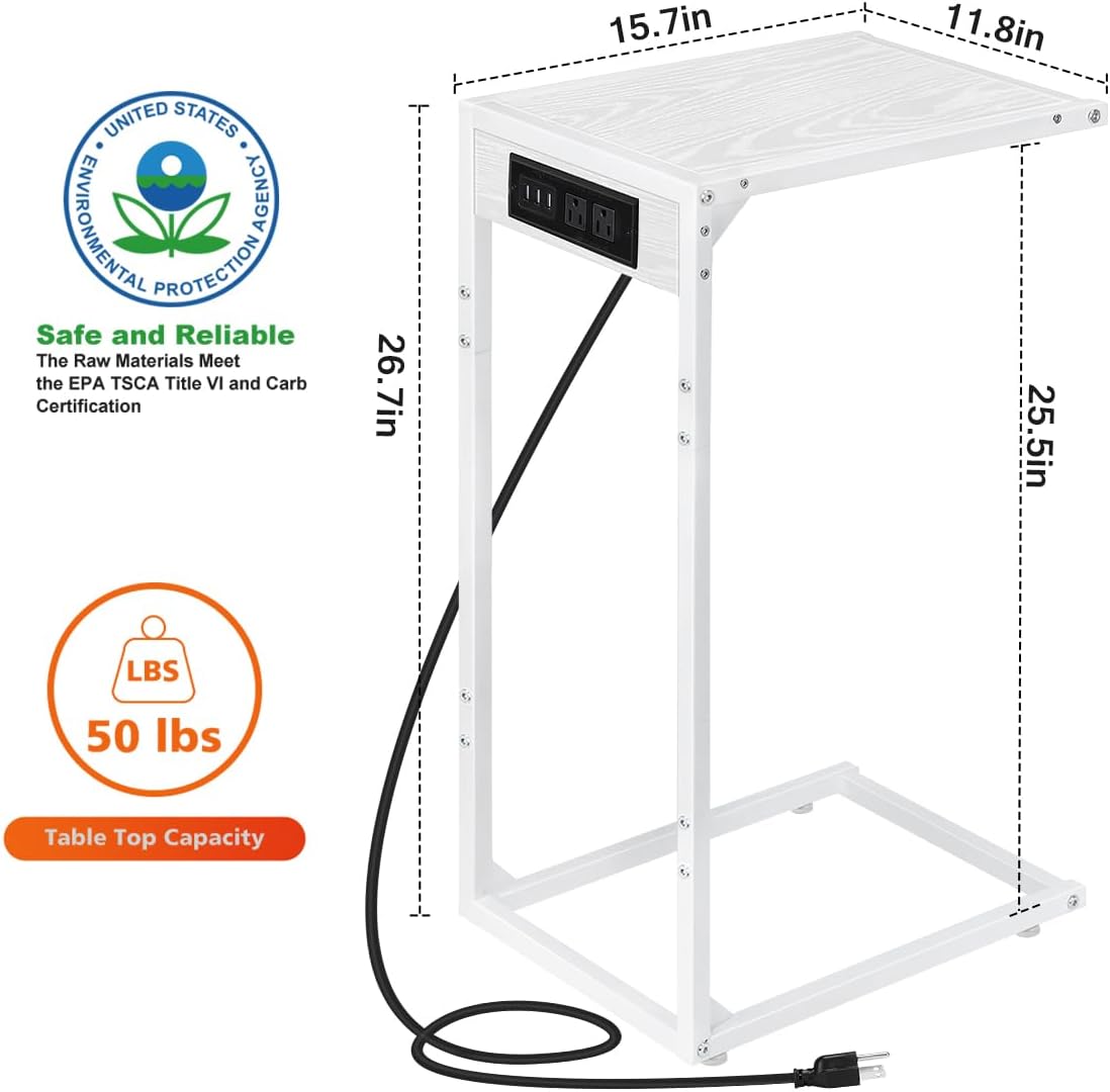 2pcs White C Shaped End Table with Charging Station