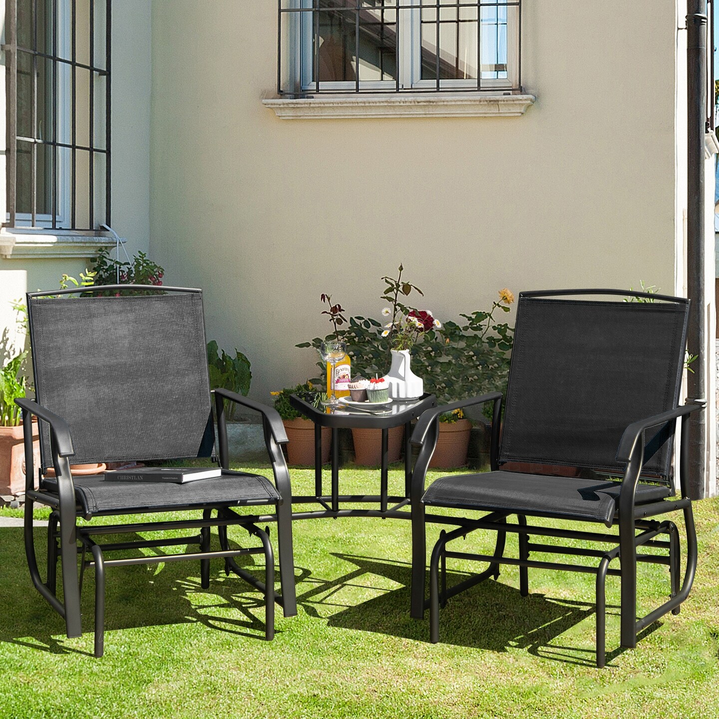 Double Swing Glider Rocker Chair Set With Glass Table