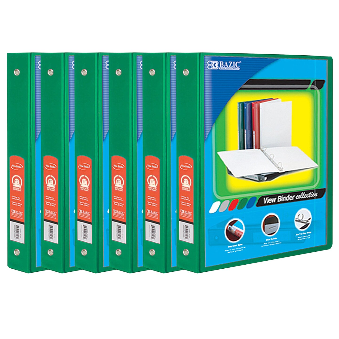 3-Ring View Binder with 2 Pockets, 1.5&#x22;, Green, Pack of 6