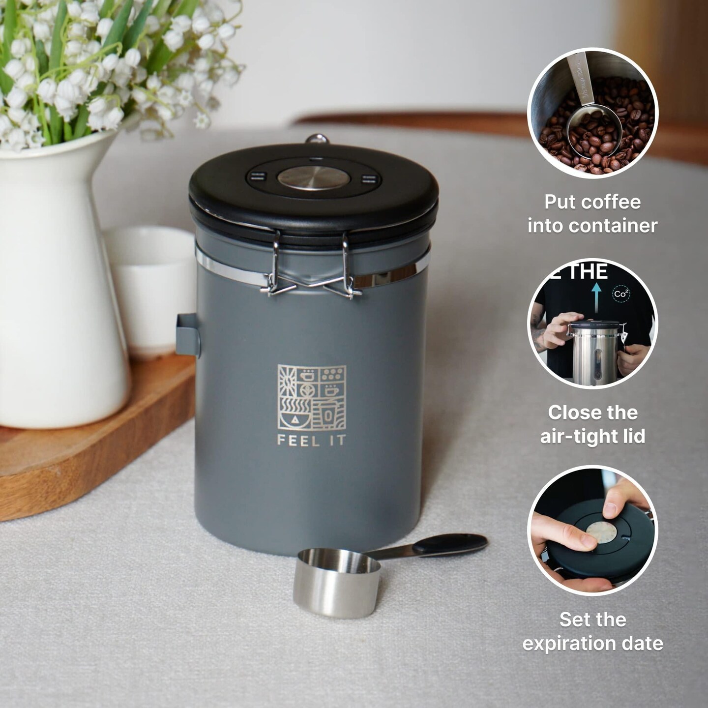 Alpaca Stainless Steel Coffee Canister   21oz Airtight Kitchen Food Storage Container with Date Tracker CO2 Release Valve and Measuring Scoop For Ground Coffee Beans Tea Sugar Large (Gray)