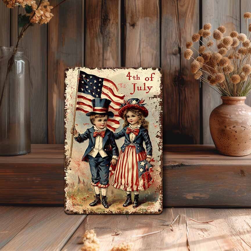July 4th Decor - Vintage Card Art Sign - Independence Day Mantle