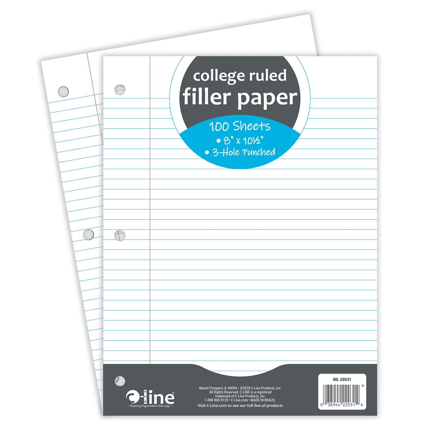 Filler Paper, College Ruled, 8&#x22; x 10-1/2&#x22;, White, 100 Sheets Per Pack, 12 Packs